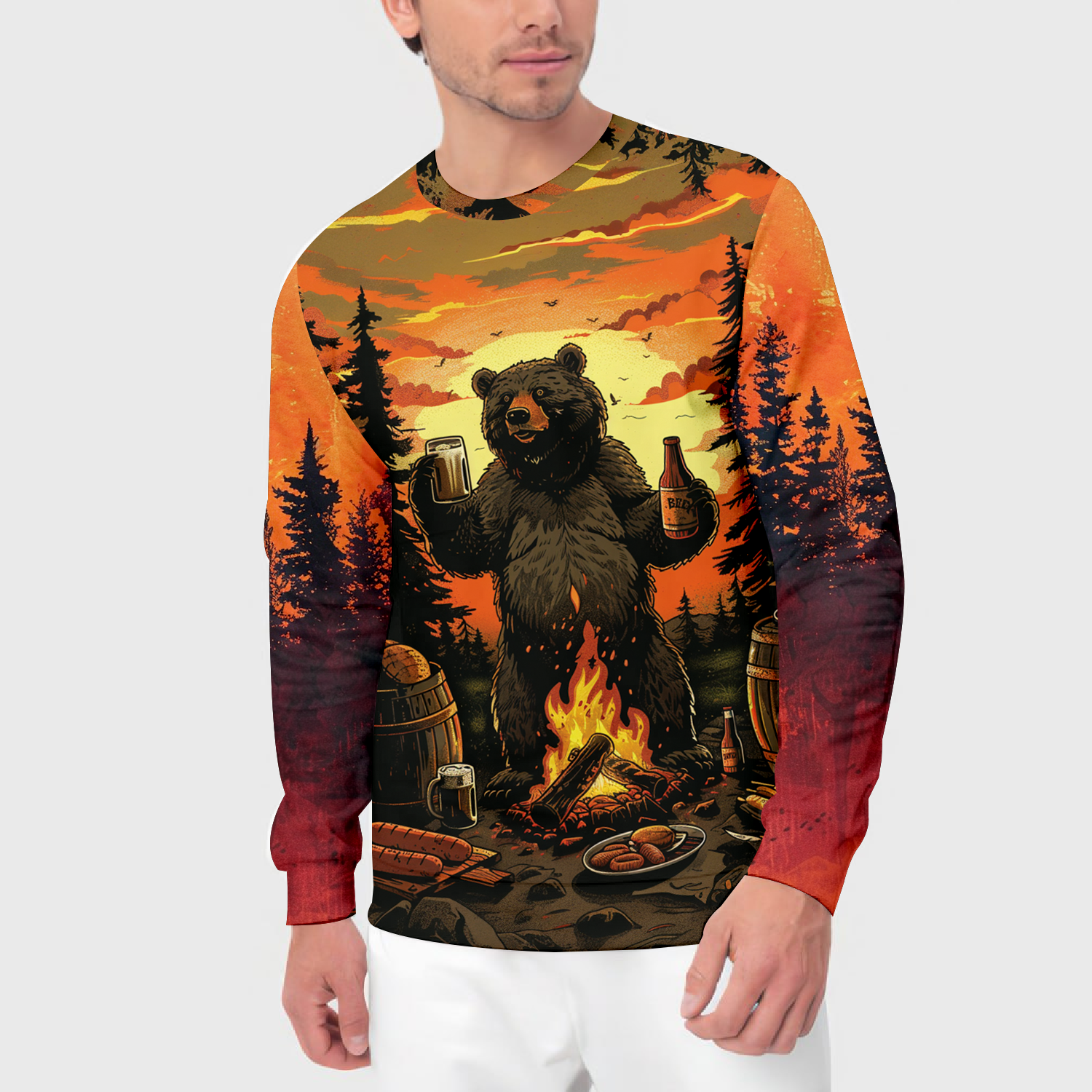 Funny Beer Bear Campfire All Over Print Shirt