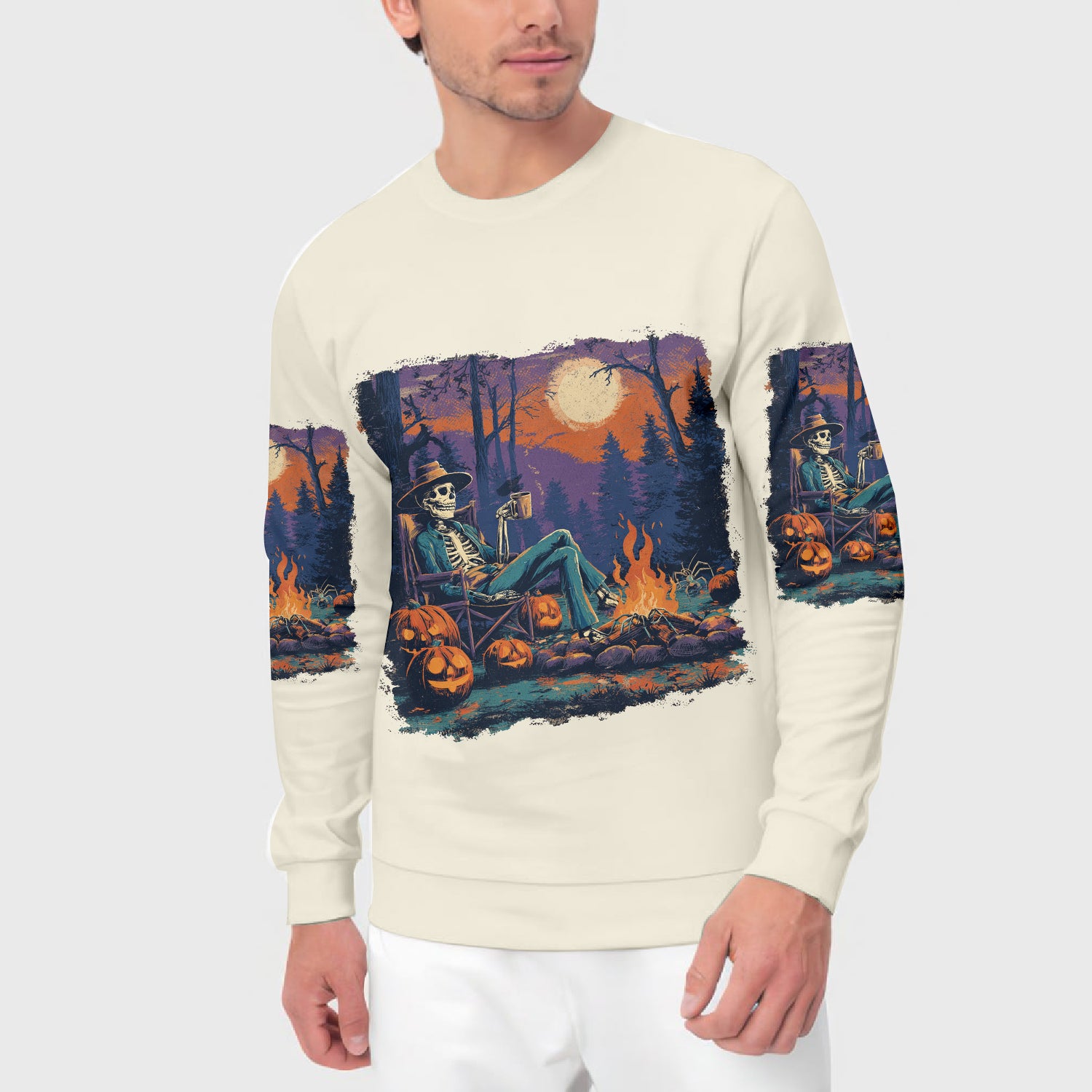 Chilling Skeleton by the Campfire Vintage Halloween All Over Print Shirt