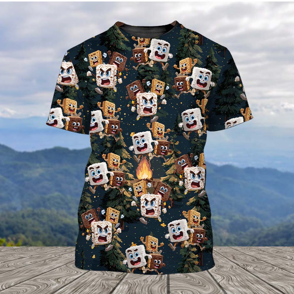 Chocolate and Cracker Chasing Marshmallow Camping All Over Print Shirt