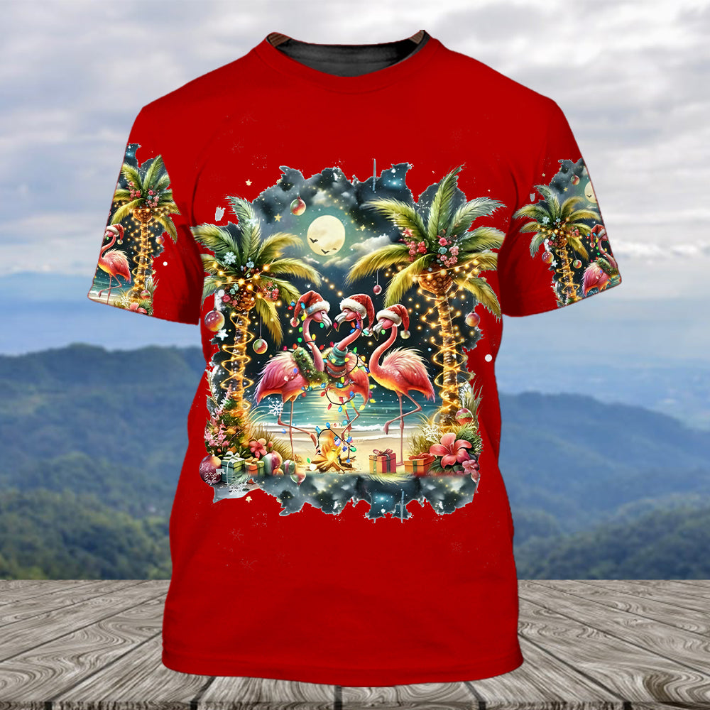 Christmas Deck The Palms Flamingo All Over Print Shirt
