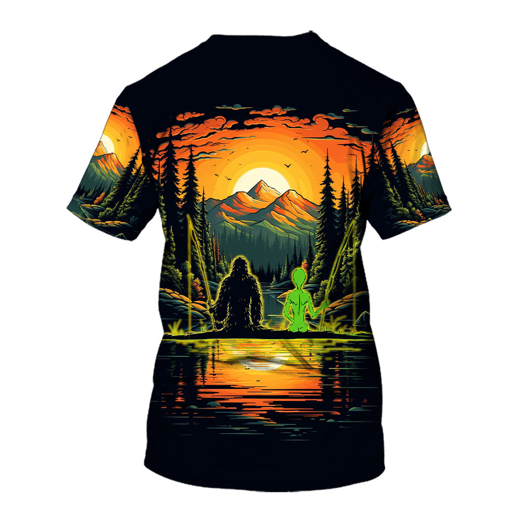 Bigfoot And Alien Fishing Night All Over Print Shirt