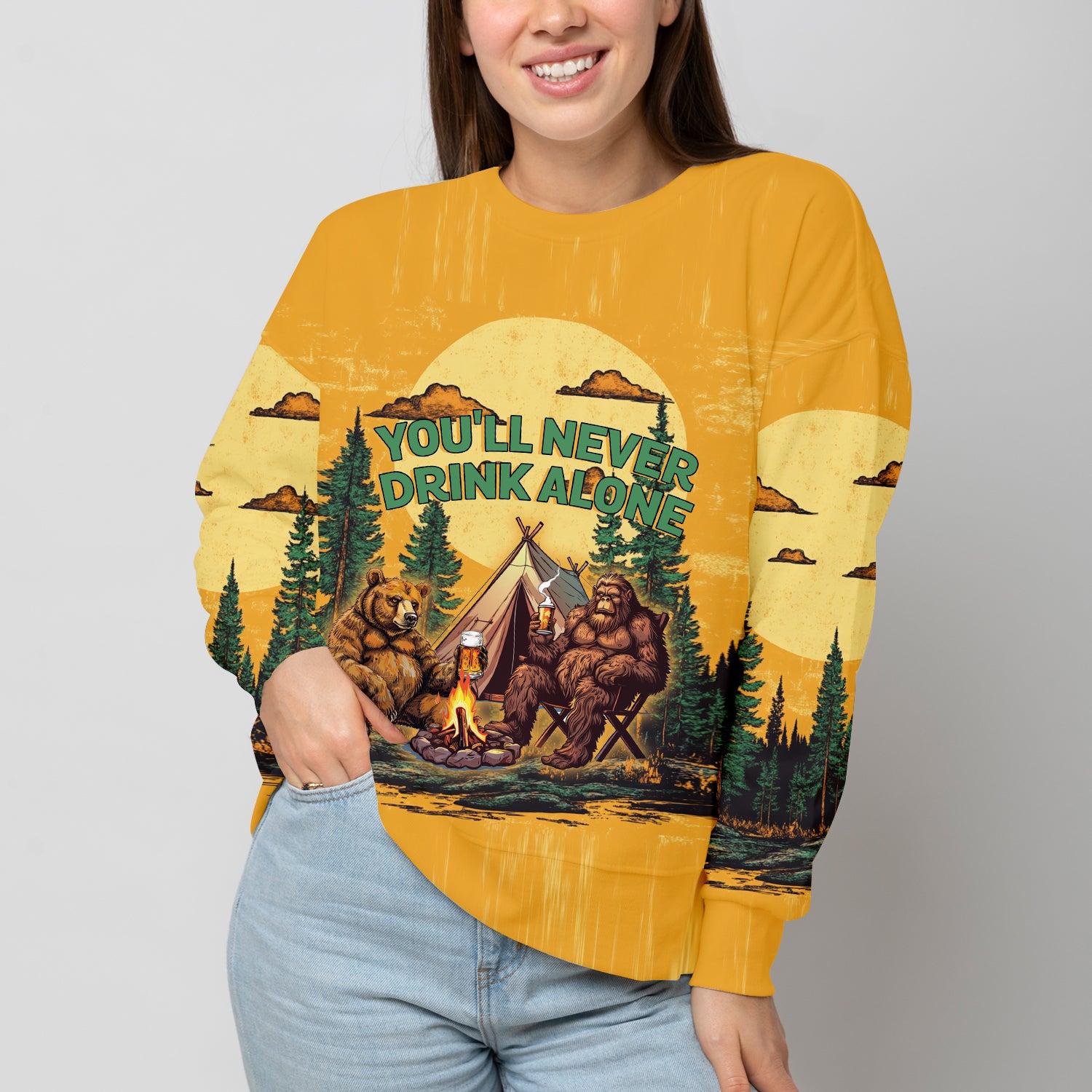 Bigfoot and Bear You'll Never Drink Alone All Over Print Shirt