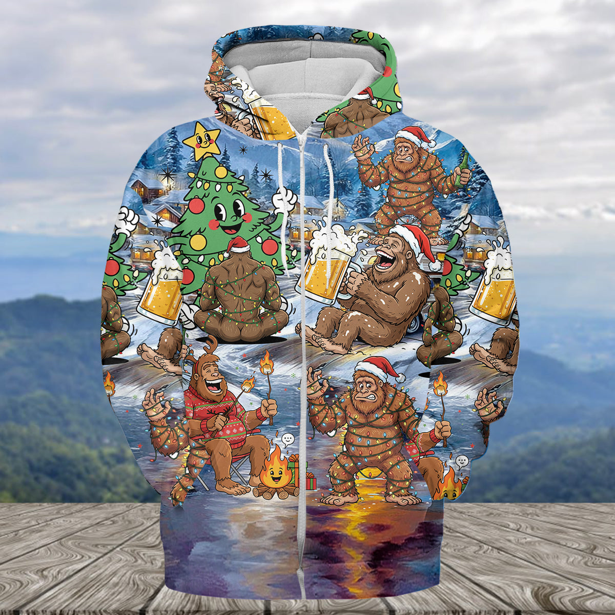 Bigfoot Camping In Santa Costume All Over Print Shirt
