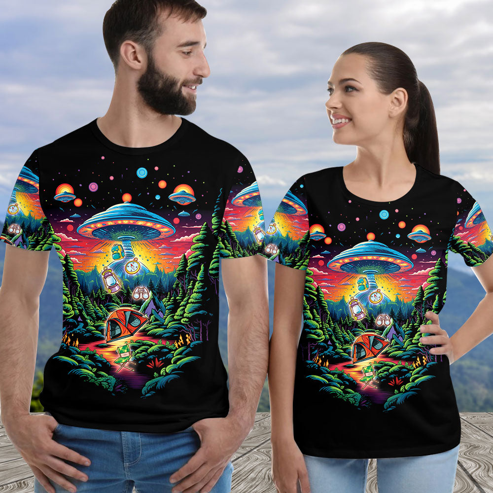 Alien UFO Abduction On Camping Site Night All Over Print Shirt