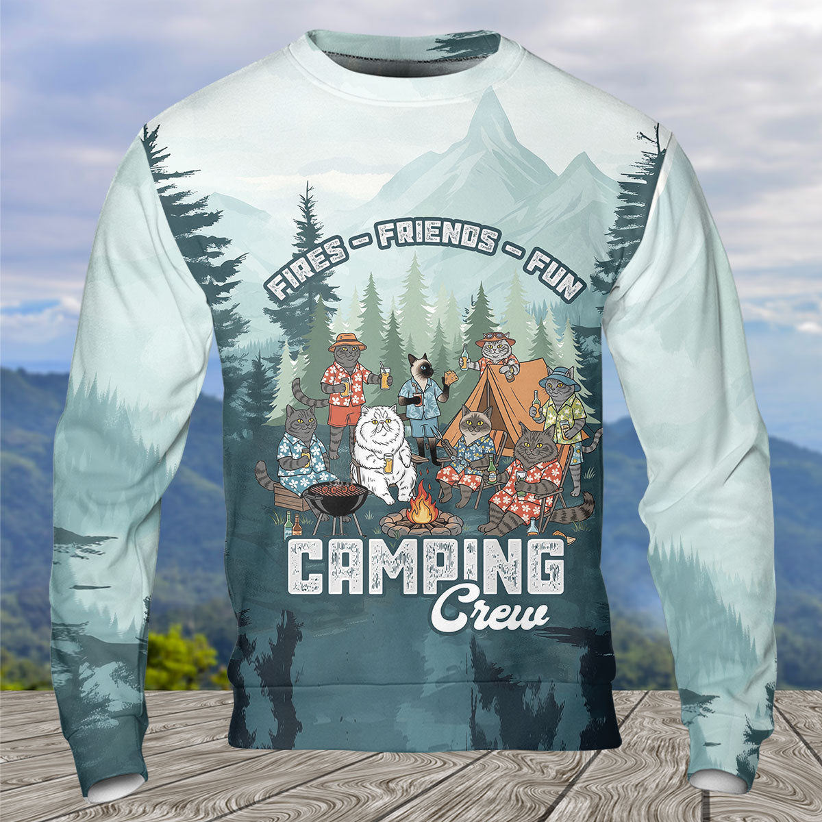 Friends, Fires, Fun Camping Crew Cats All Over Print Shirt