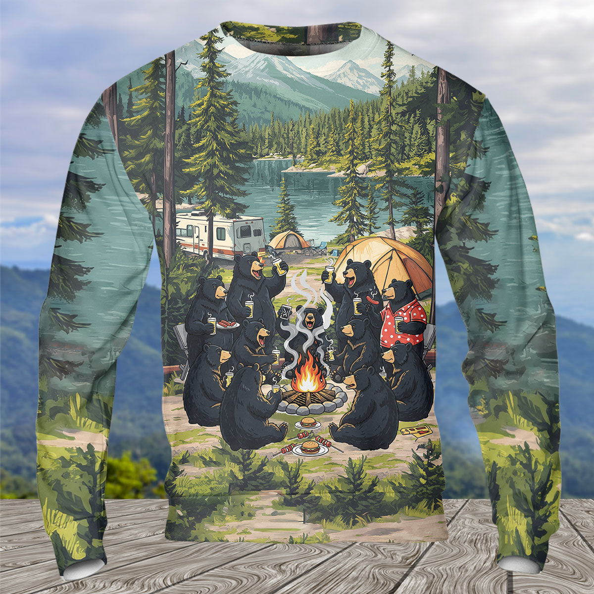 Friends, Fires, Fun Camping Crew Black Bear All Over Print Shirt
