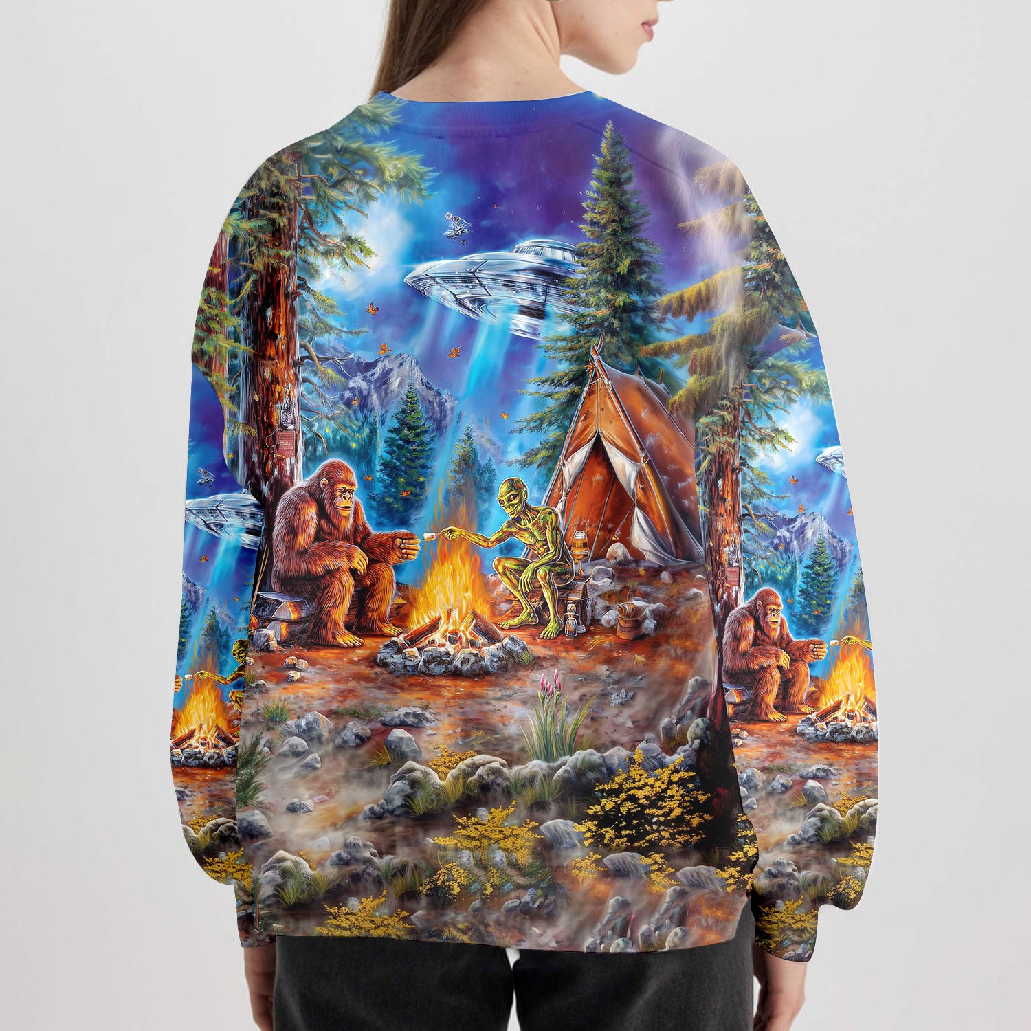 Bigfoot Alien Camping Night All Over Print Shirt