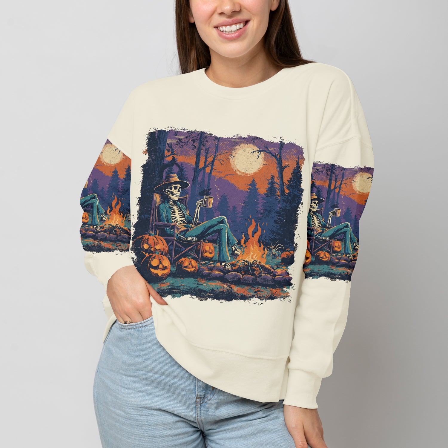 Chilling Skeleton by the Campfire Vintage Halloween All Over Print Shirt