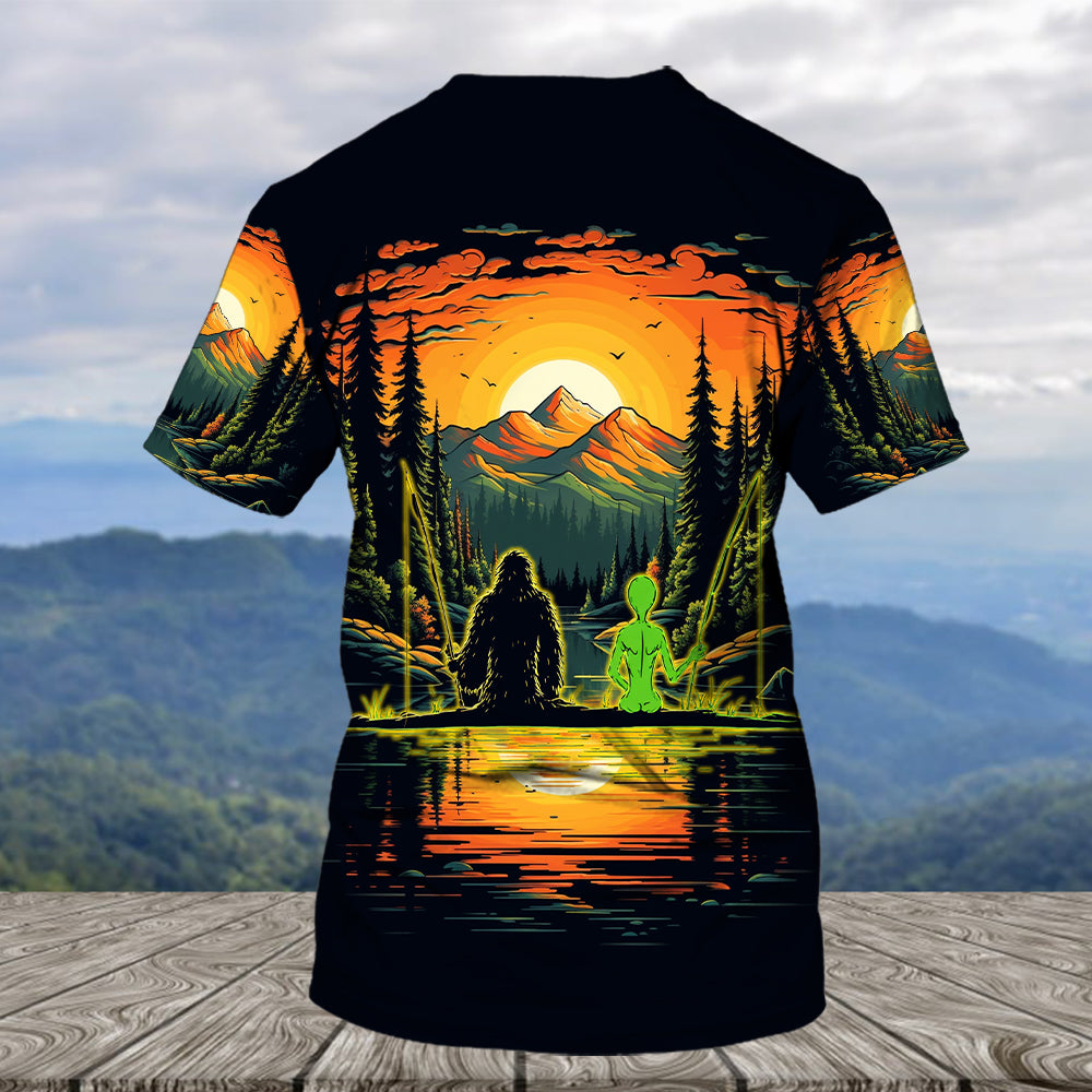 Bigfoot And Alien Fishing Night All Over Print Shirt