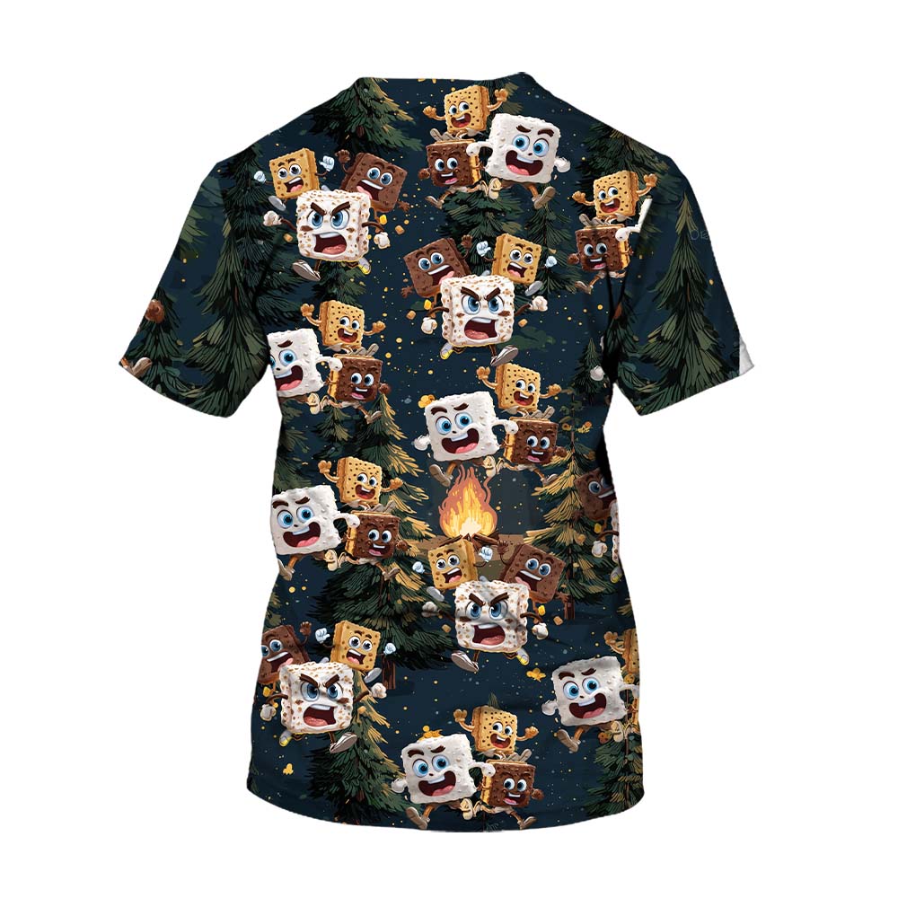 Chocolate and Cracker Chasing Marshmallow Camping All Over Print Shirt