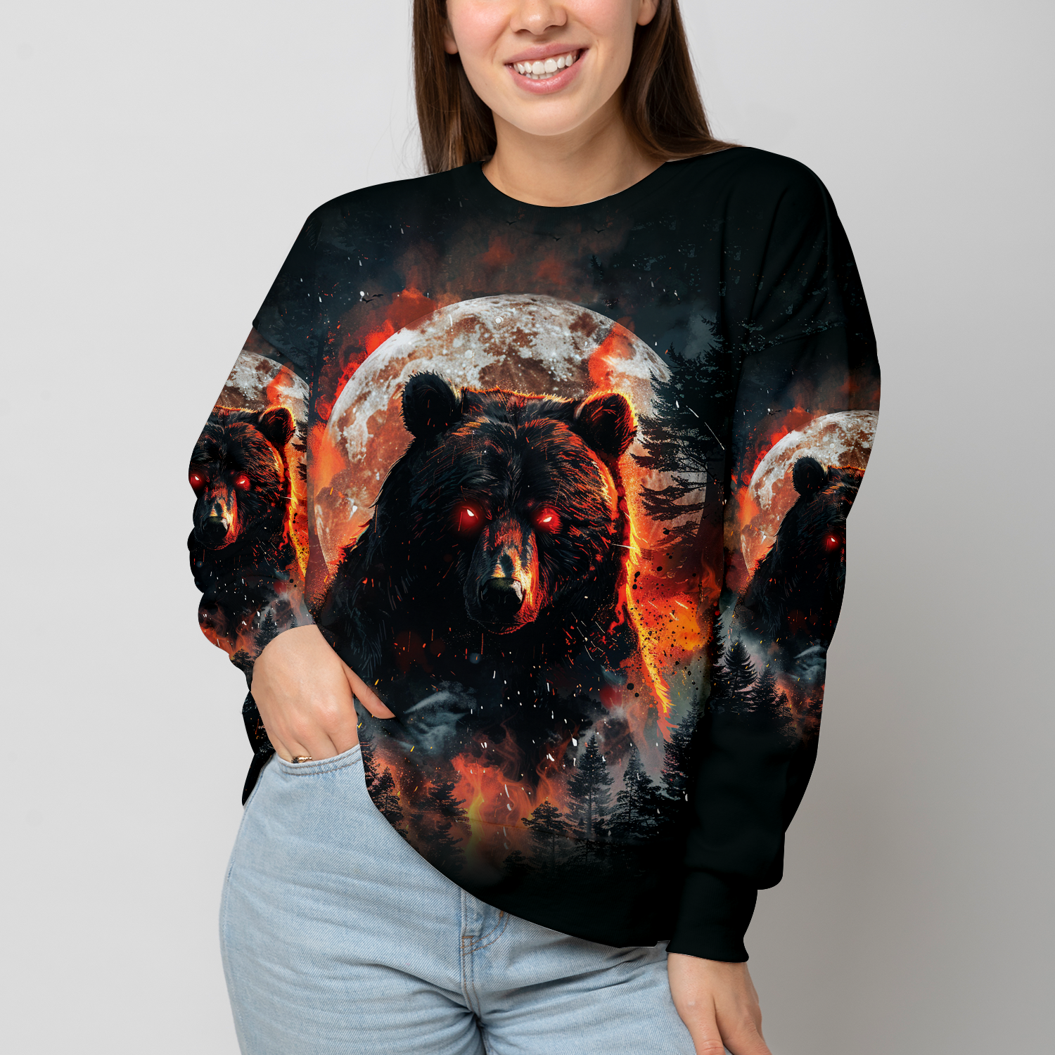 Fire Bear Adventure Dark Night Forest All Over Print Shirt