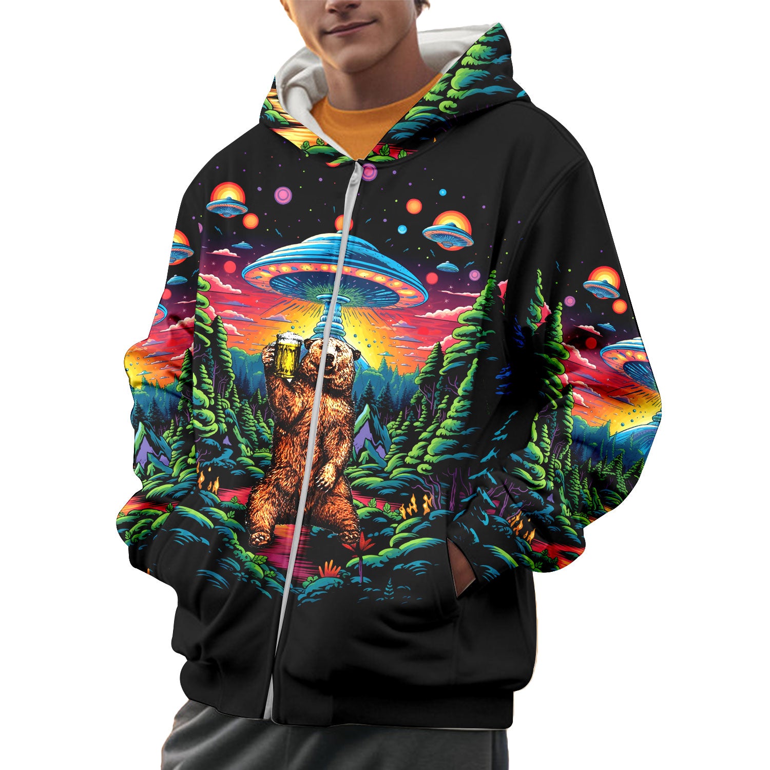 Bear Alien Night Drinking All Over Print Shirt