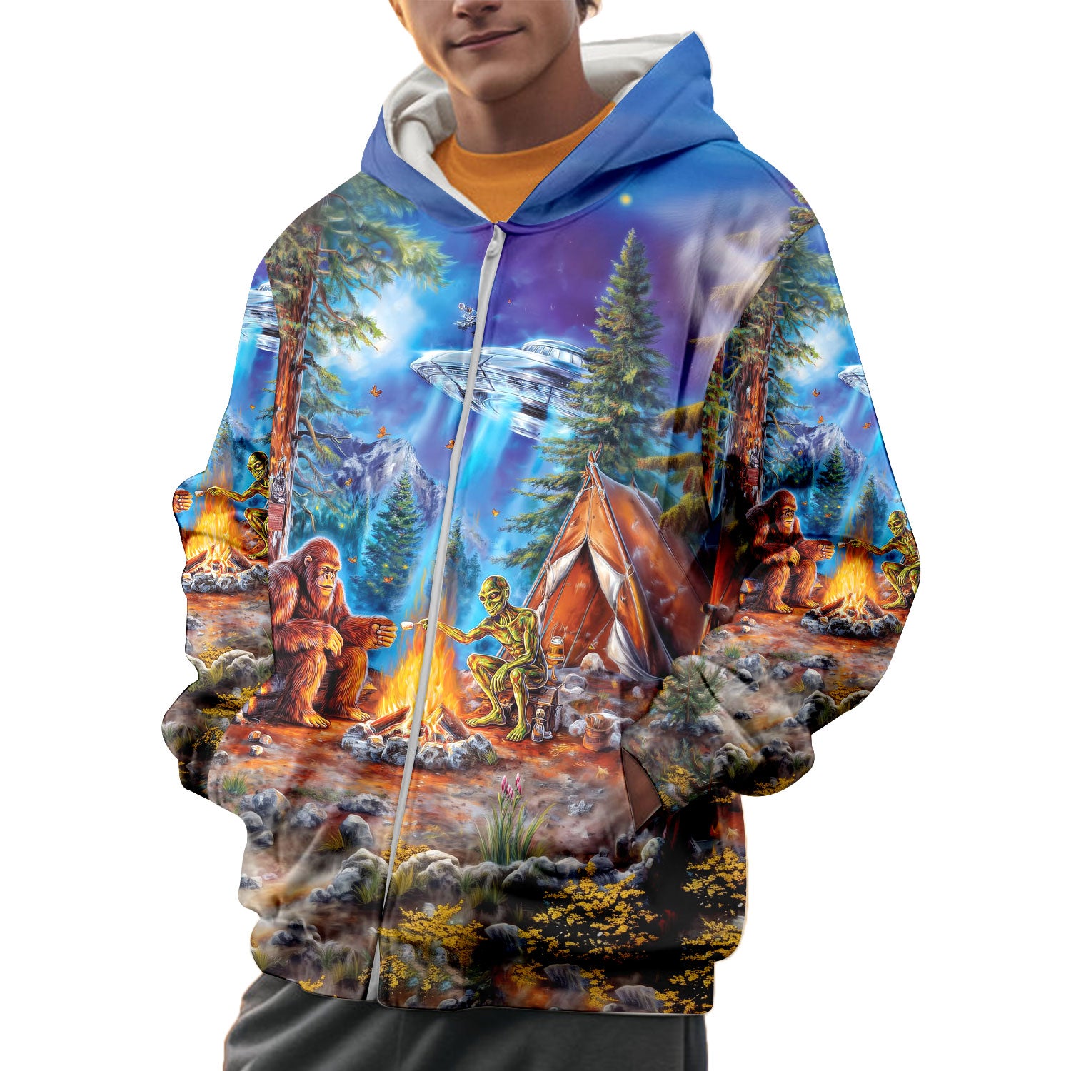 Bigfoot Alien Camping Night All Over Print Shirt