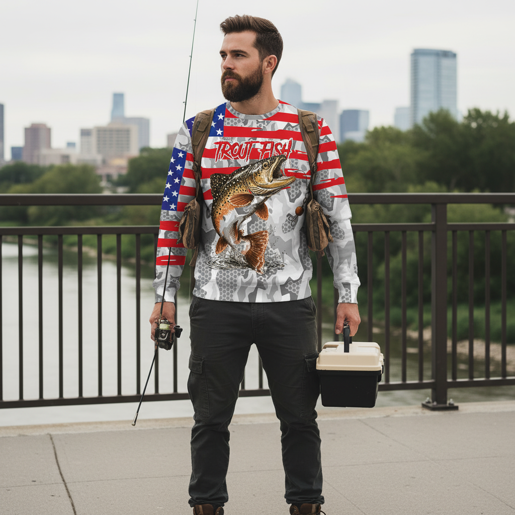 Camo American Flag Trout Fish Fishing All Over Print Shirt