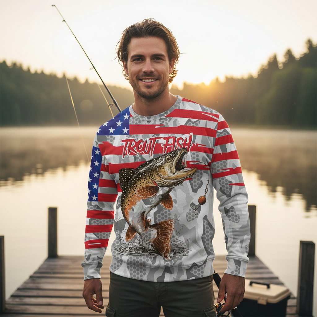 Camo American Flag Trout Fish Fishing All Over Print Shirt