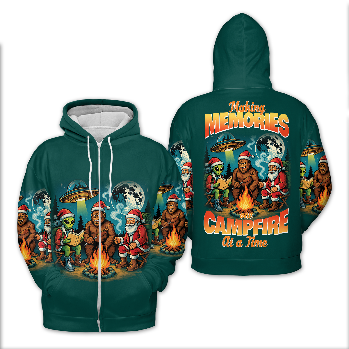 Funny Bigfoot Alien And Santa Making Memories One Campfire At A Time All Over Print Shirt