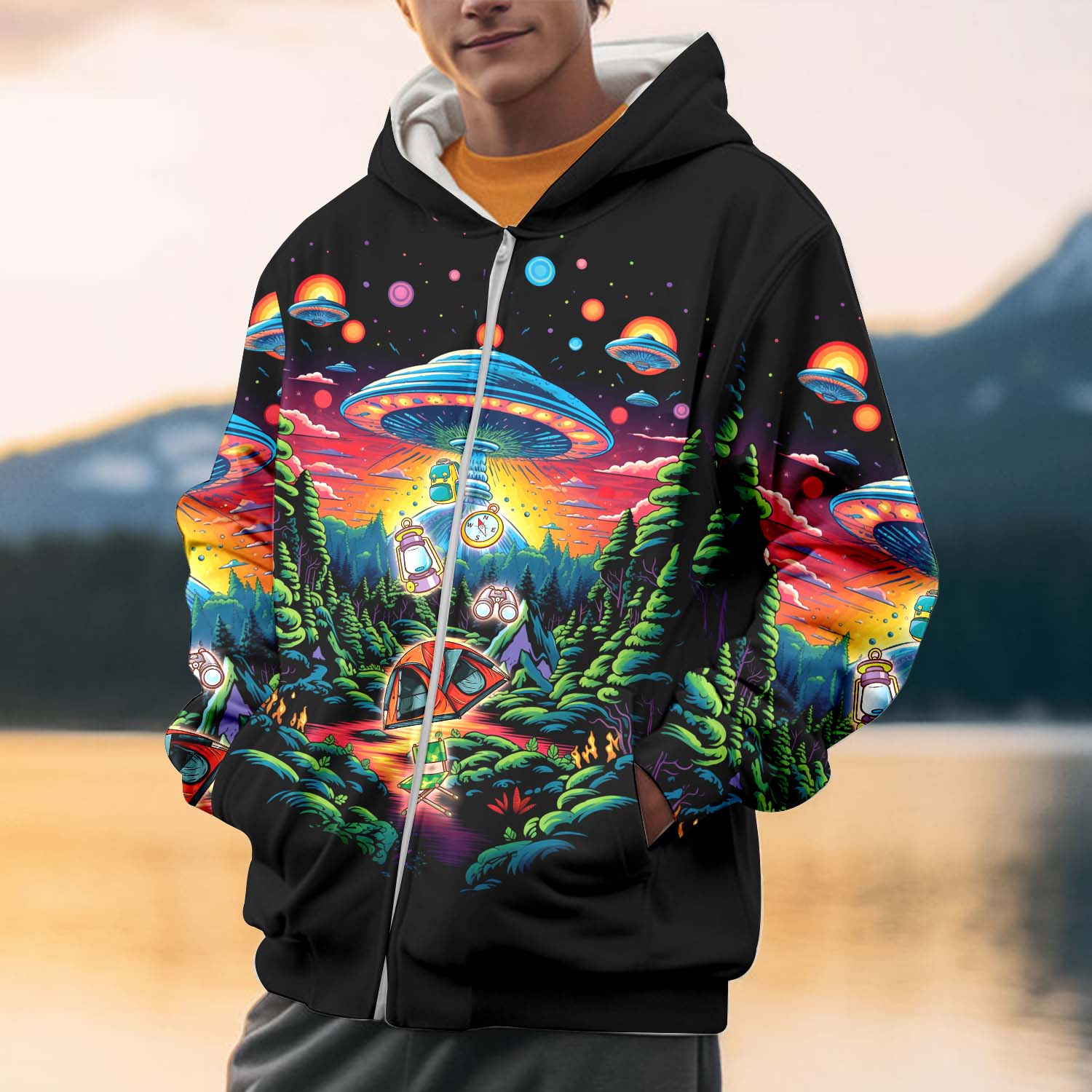Alien UFO Abduction On Camping Site Night All Over Print Shirt