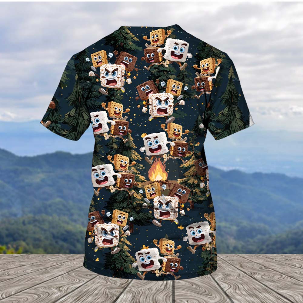 Chocolate and Cracker Chasing Marshmallow Camping All Over Print Shirt