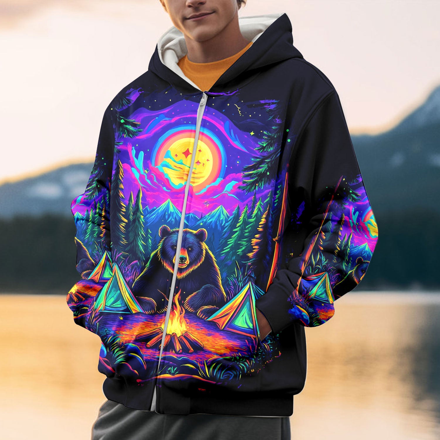 Camping Night With Bear All Over Print Shirt