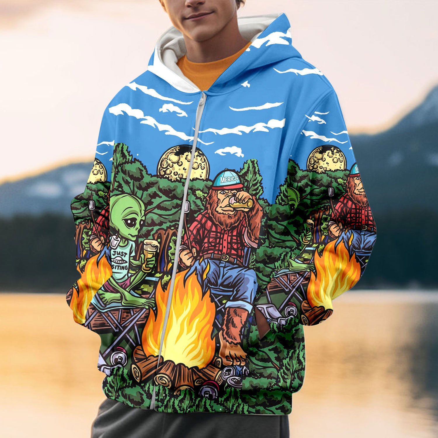 Alien Bigfoot Camping All Over Print Shirt