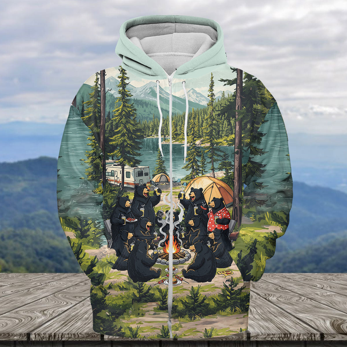Friends, Fires, Fun Camping Crew Black Bear All Over Print Shirt