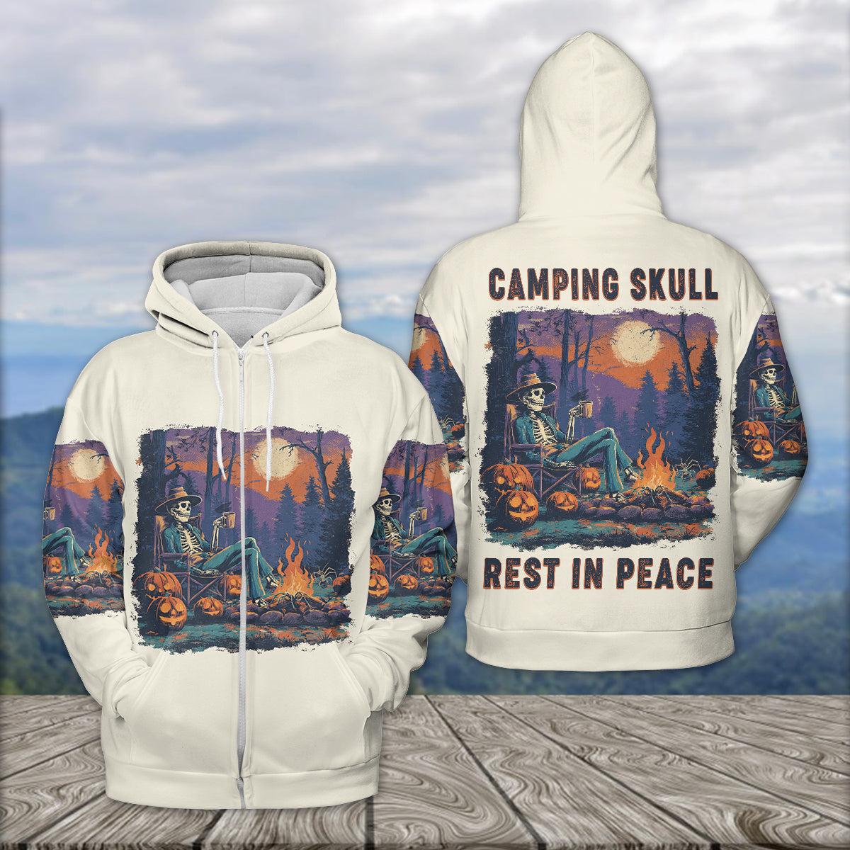 Chilling Skeleton by the Campfire Vintage Halloween All Over Print Shirt