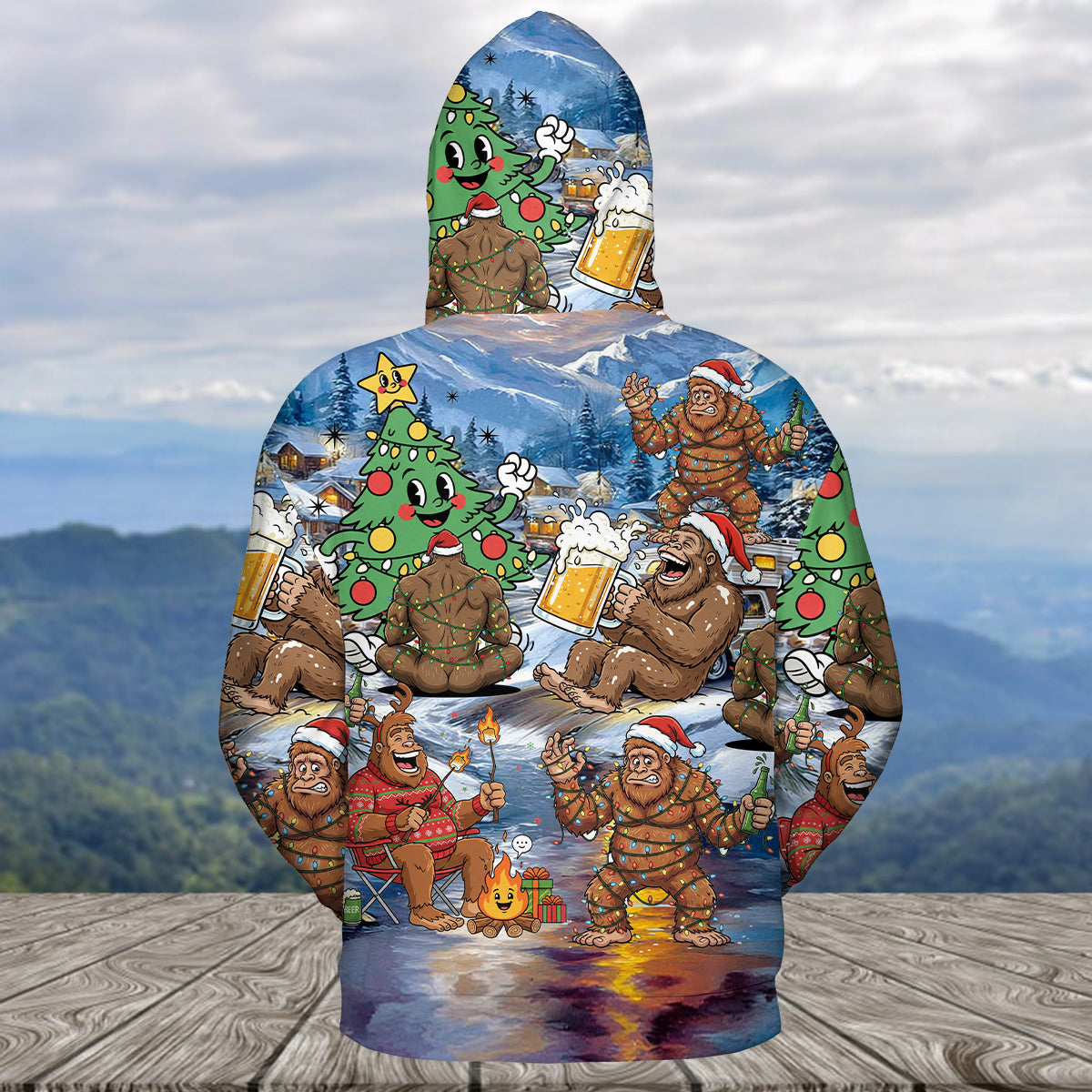 Bigfoot Camping In Santa Costume All Over Print Shirt