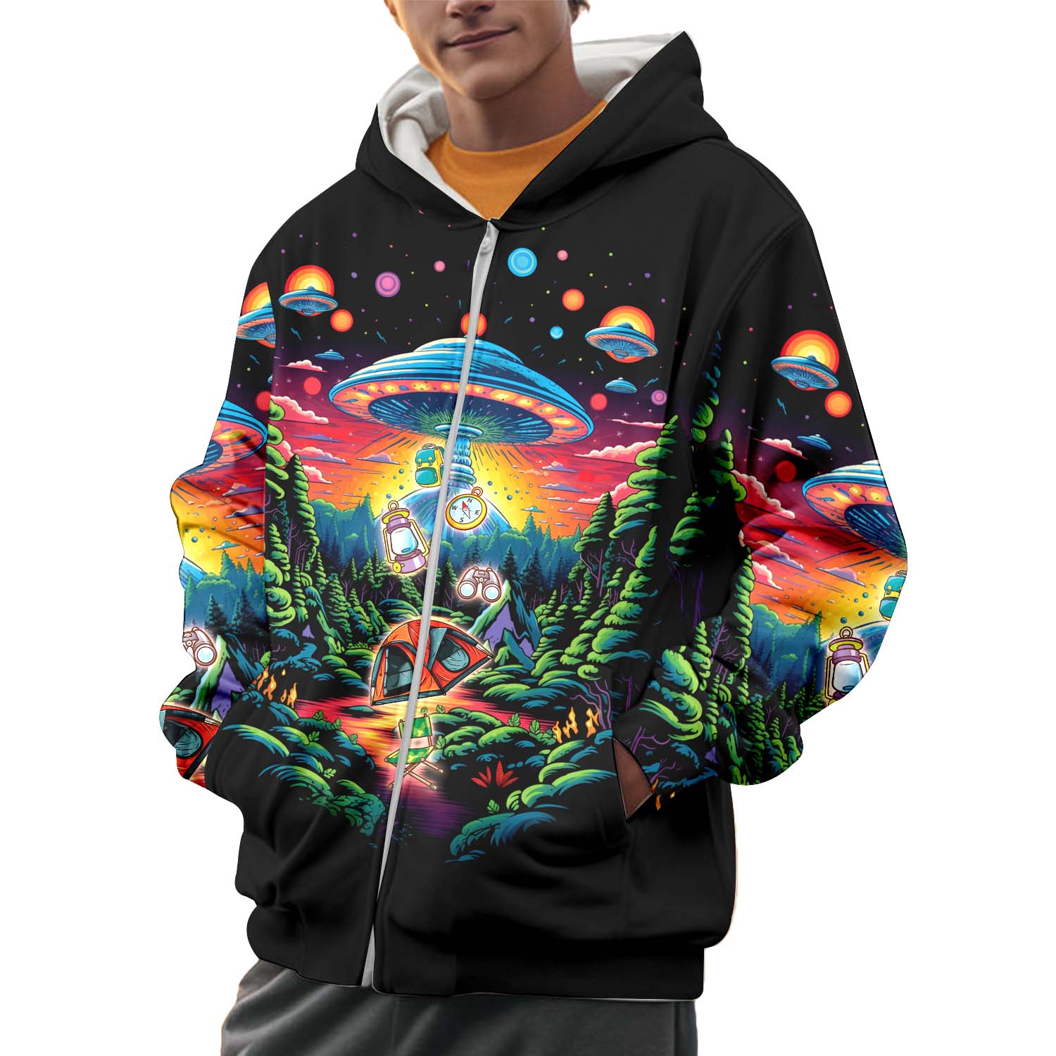 Alien UFO Abduction On Camping Site Night All Over Print Shirt