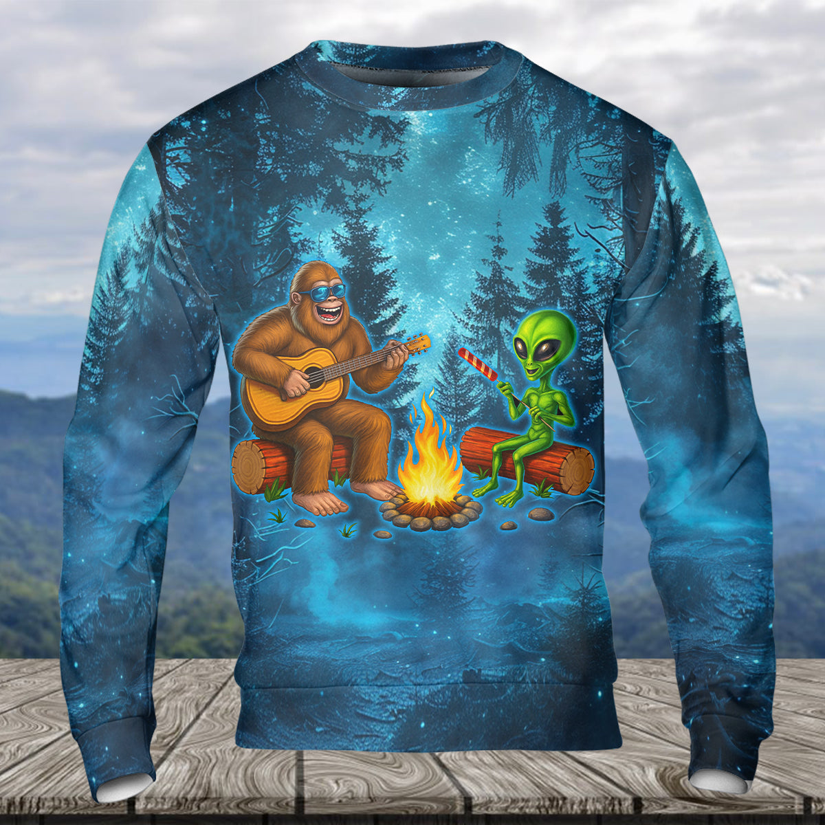 Bigfoot And Alien Making Memories One Campfire At A Time Christmas All Over Print Shirt
