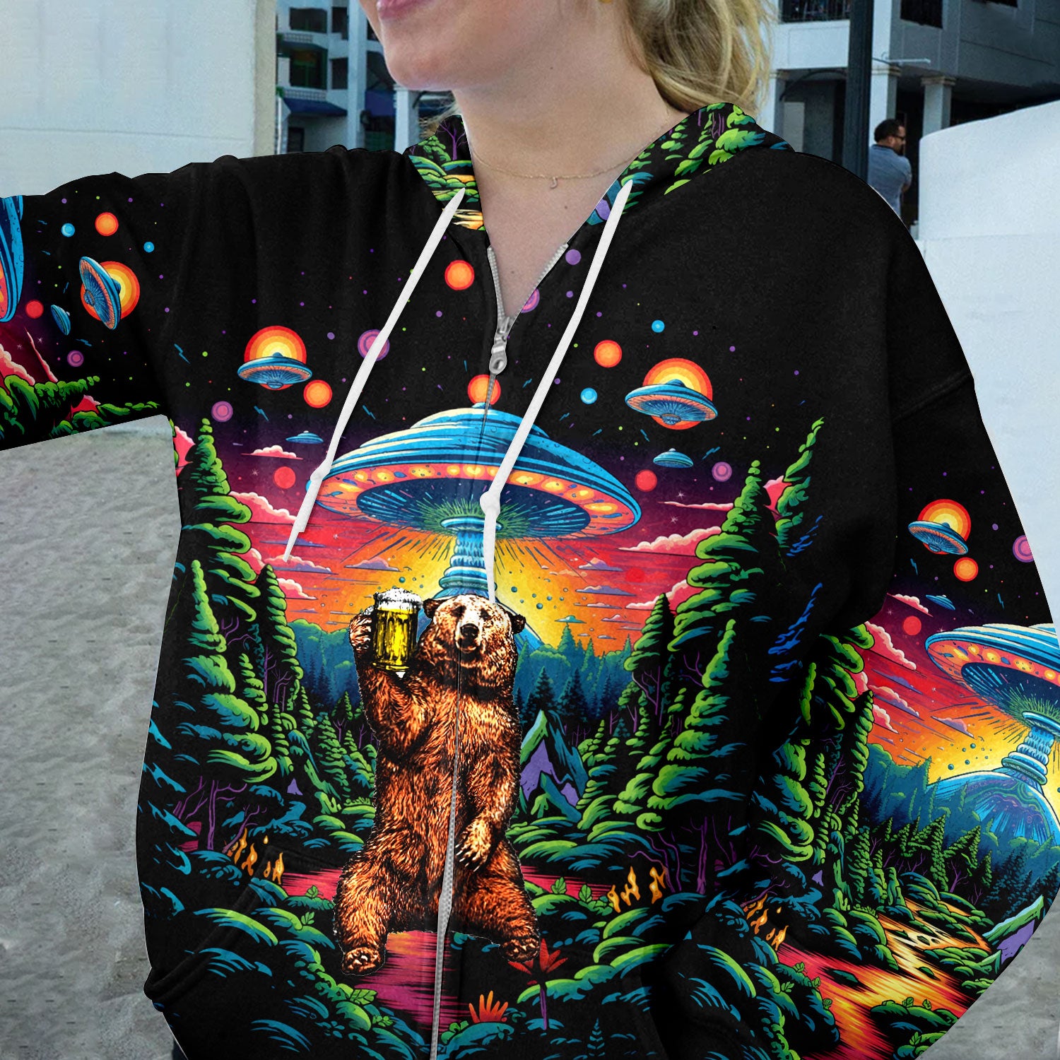 Bear Alien Night Drinking All Over Print Shirt