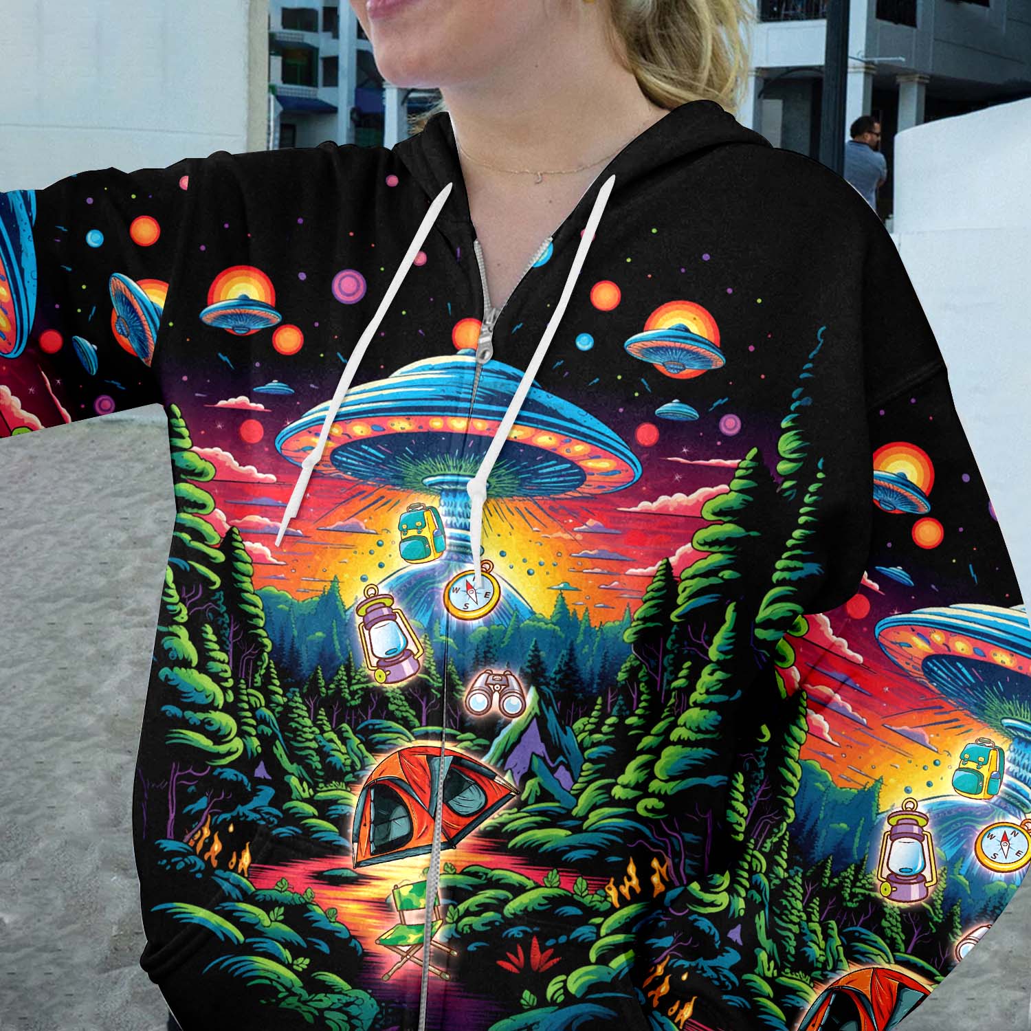 Alien UFO Abduction On Camping Site Night All Over Print Shirt