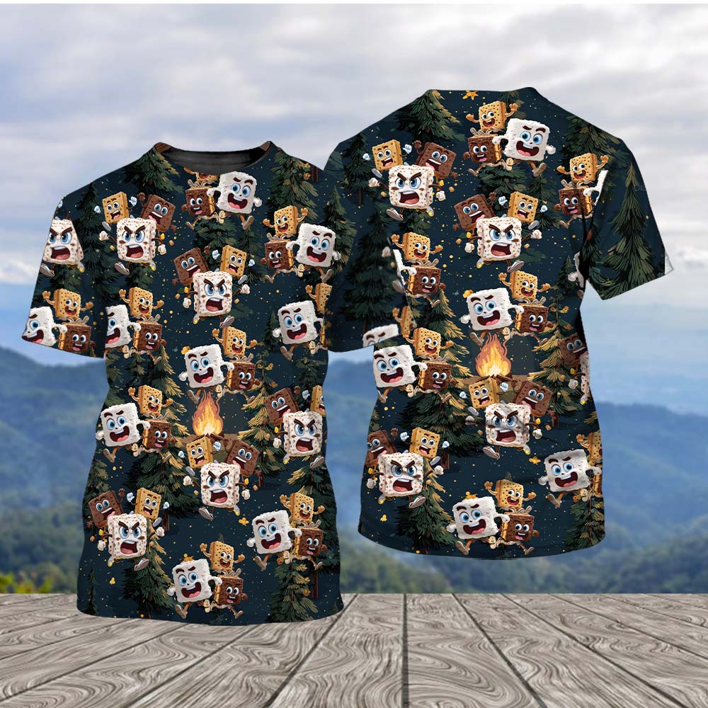 Chocolate and Cracker Chasing Marshmallow Camping All Over Print Shirt