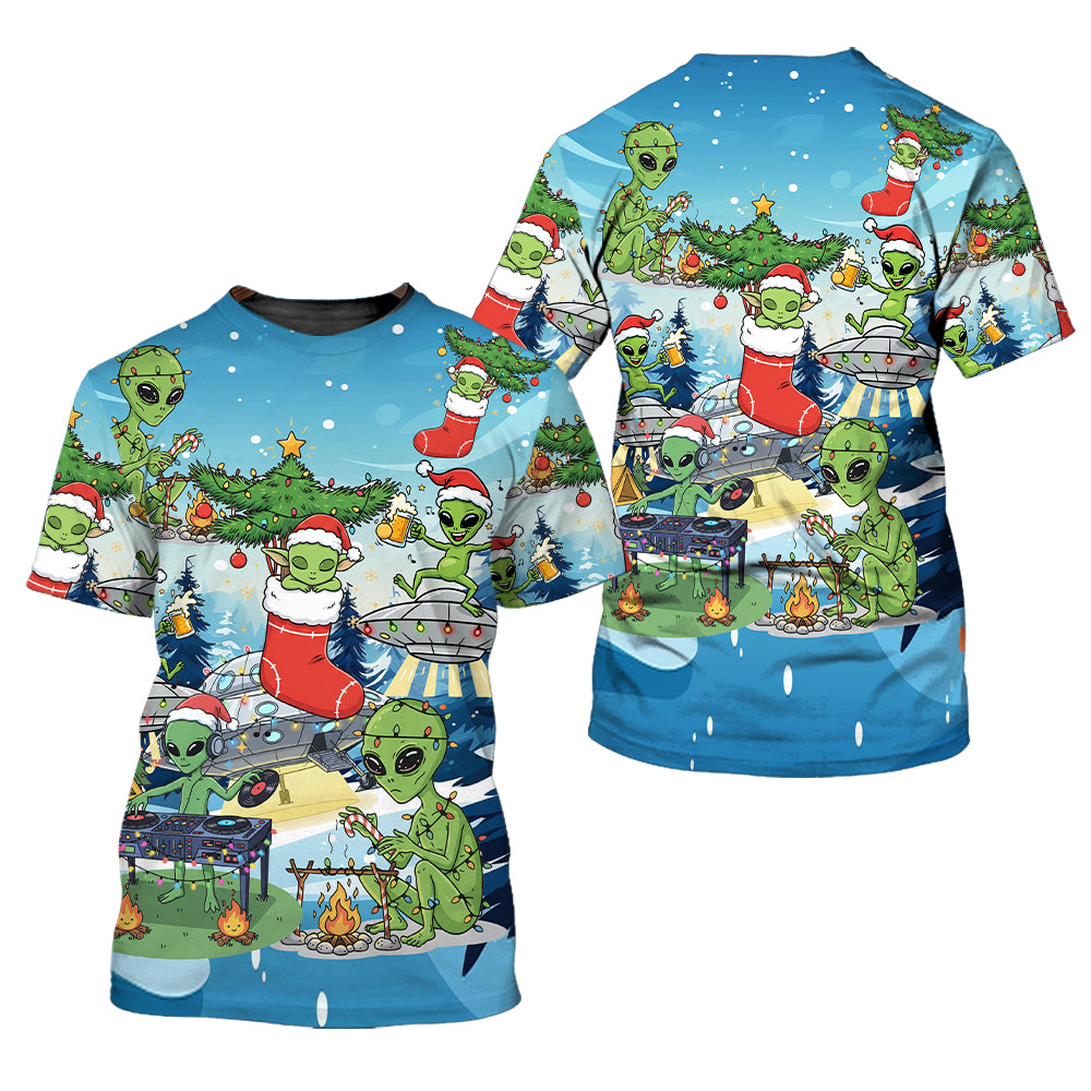 Alien Camping In Santa Custume All Over Print Shirt