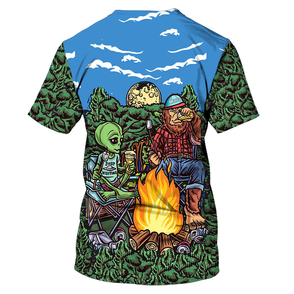 Alien Bigfoot Camping All Over Print Shirt
