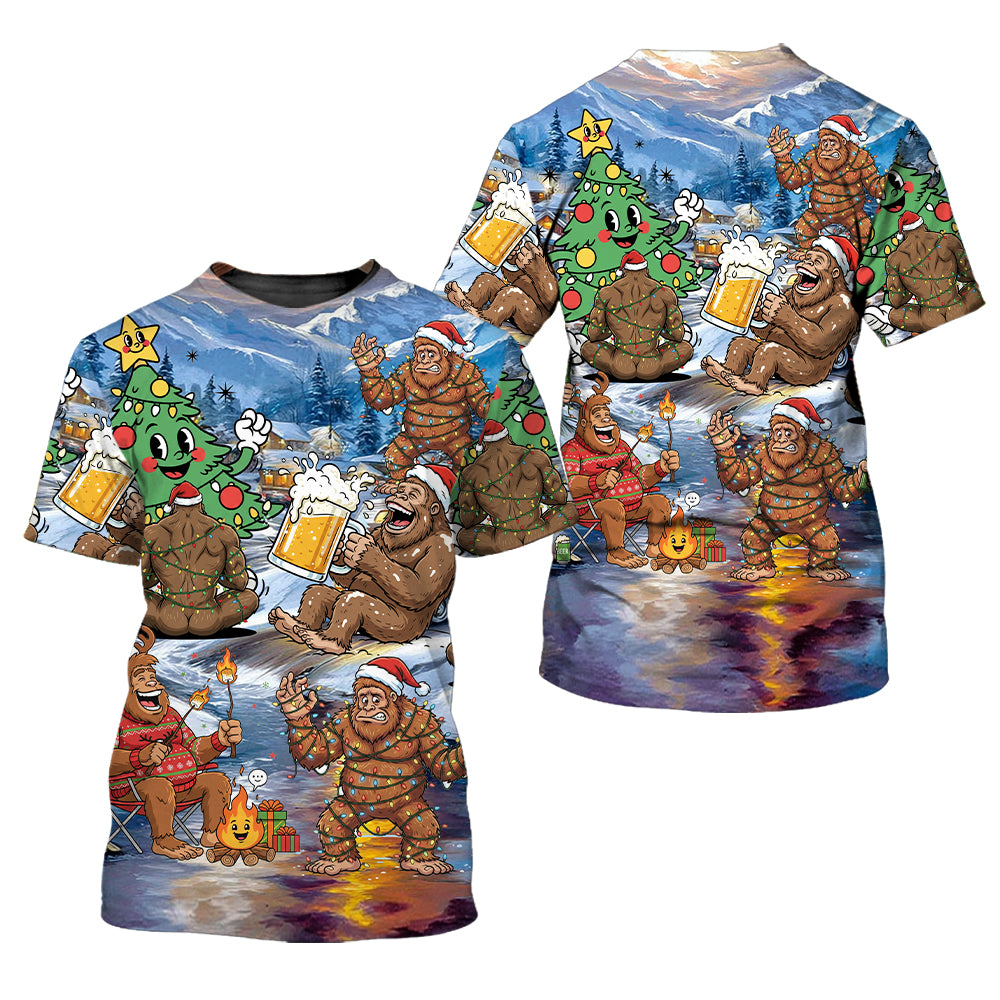 Bigfoot Camping In Santa Costume All Over Print Shirt