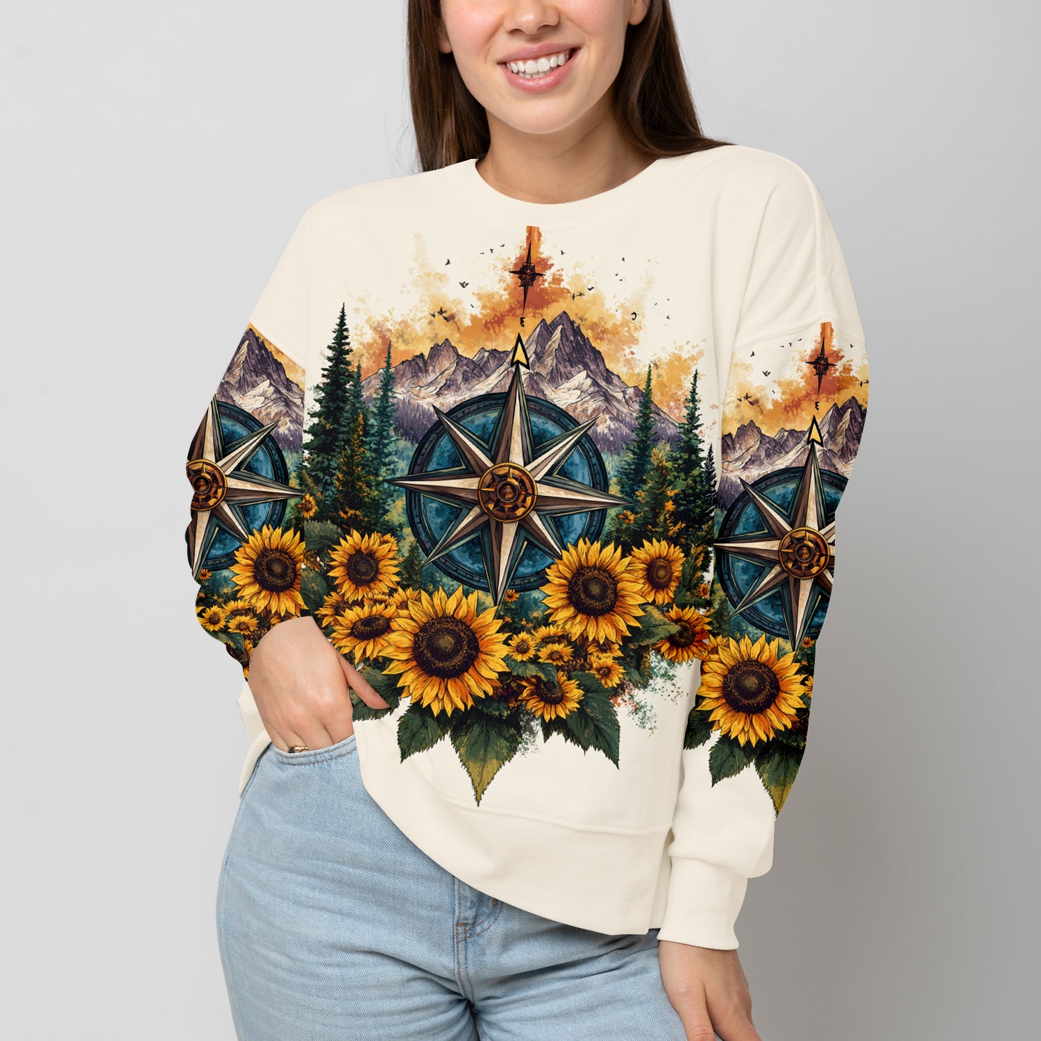 Live For The Moments Compass Sunflower All Over Print Shirt