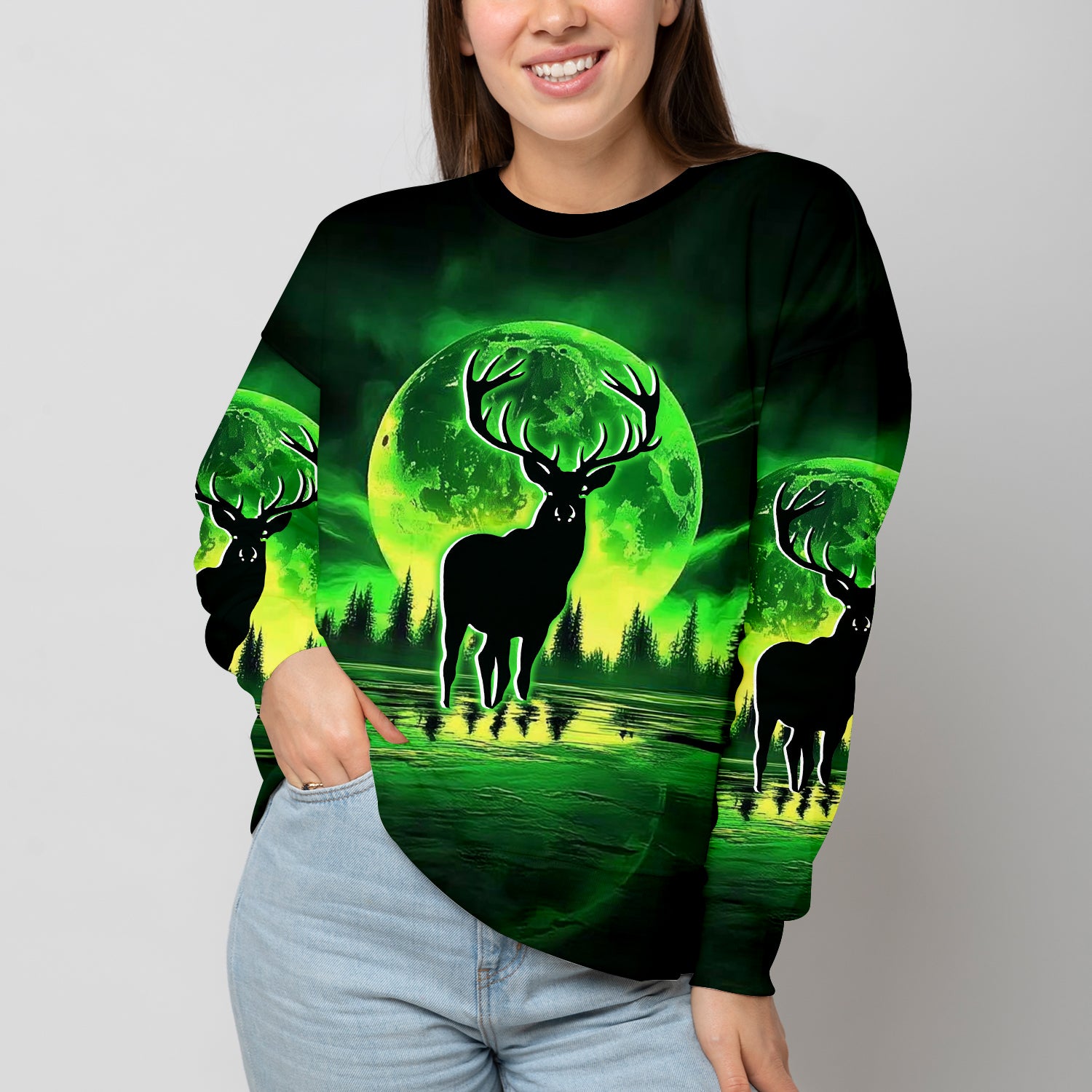 Deer Green Moonlit Art All Over Print Shirt