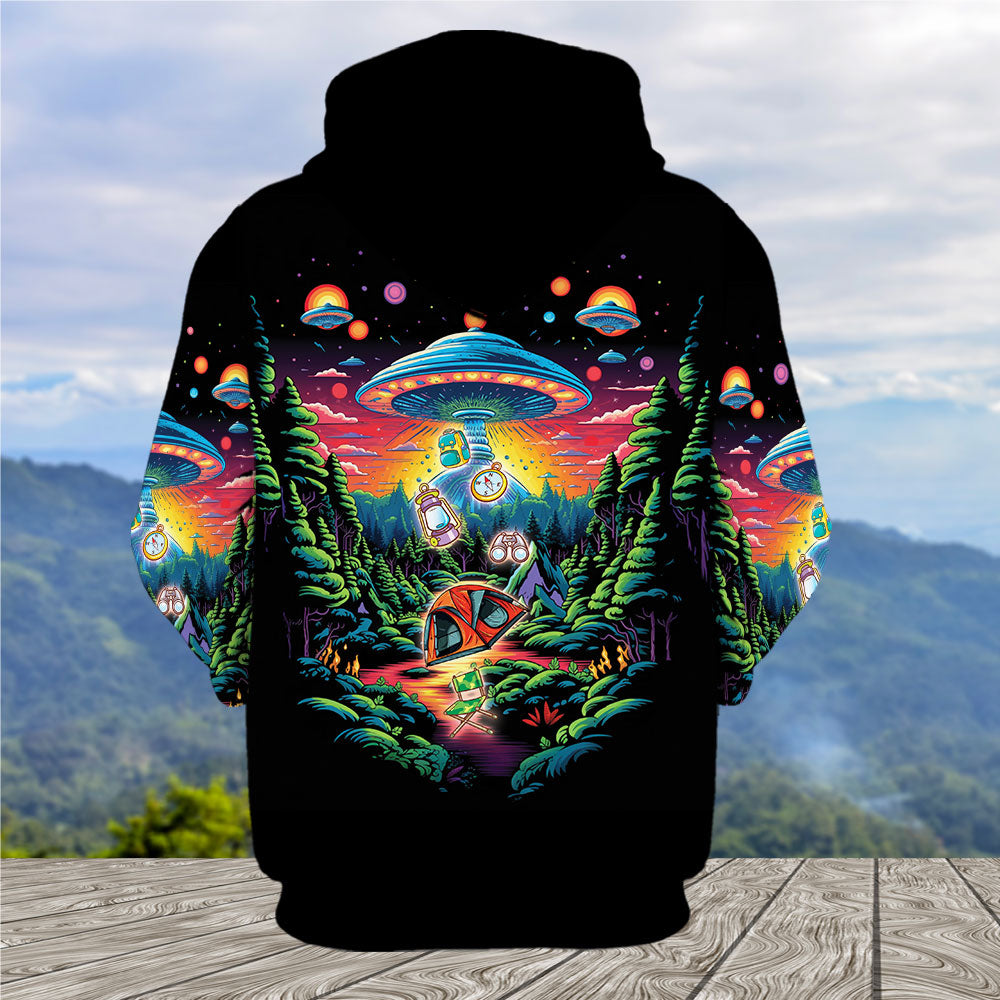 Alien UFO Abduction On Camping Site Night All Over Print Shirt
