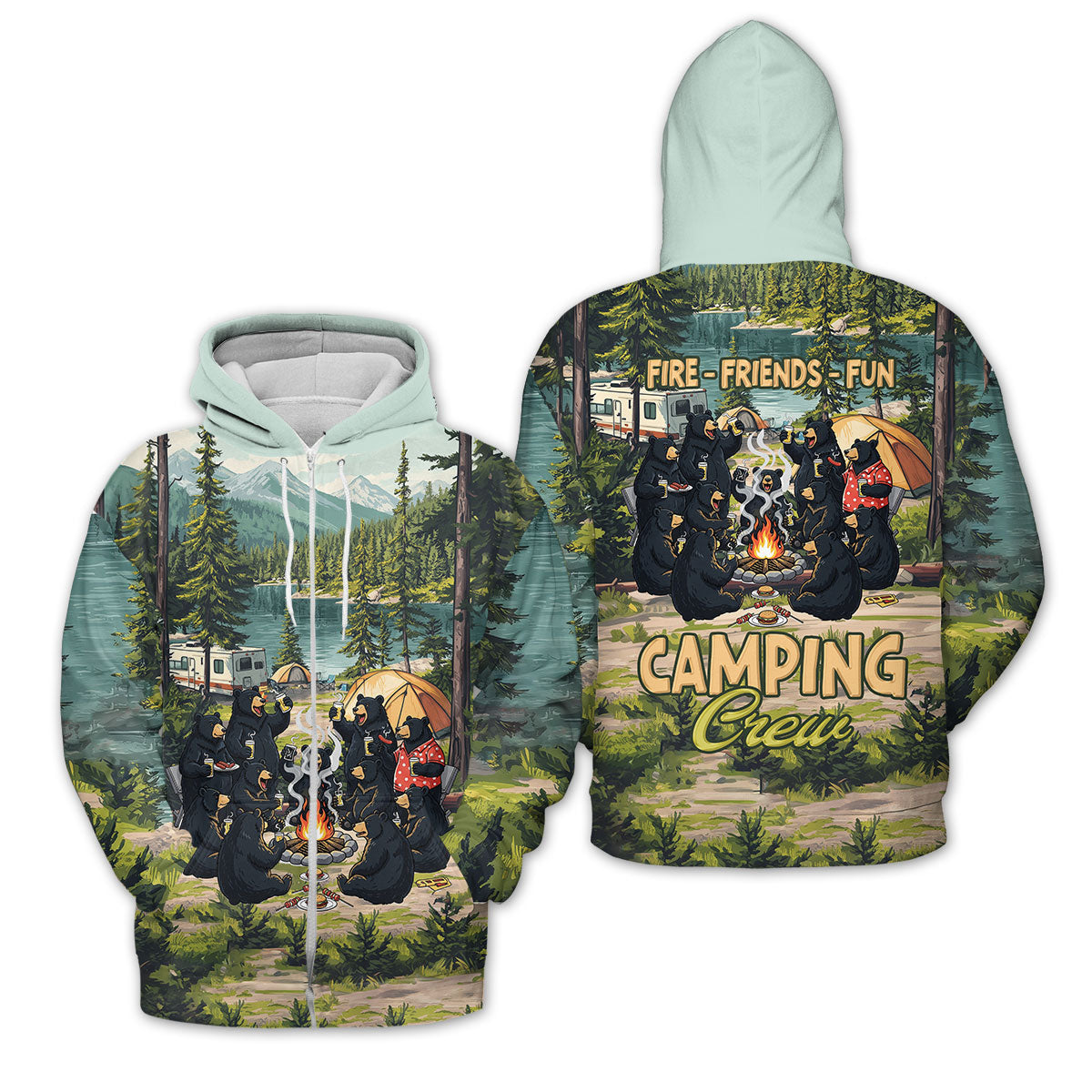 Friends, Fires, Fun Camping Crew Black Bear All Over Print Shirt