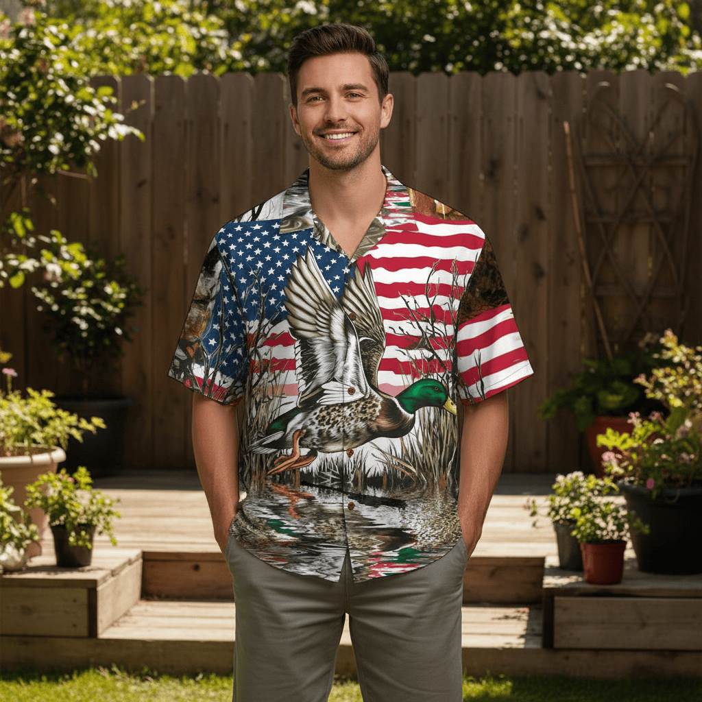 America Mallard Duck Hunting Camo Hawaiian Shirt