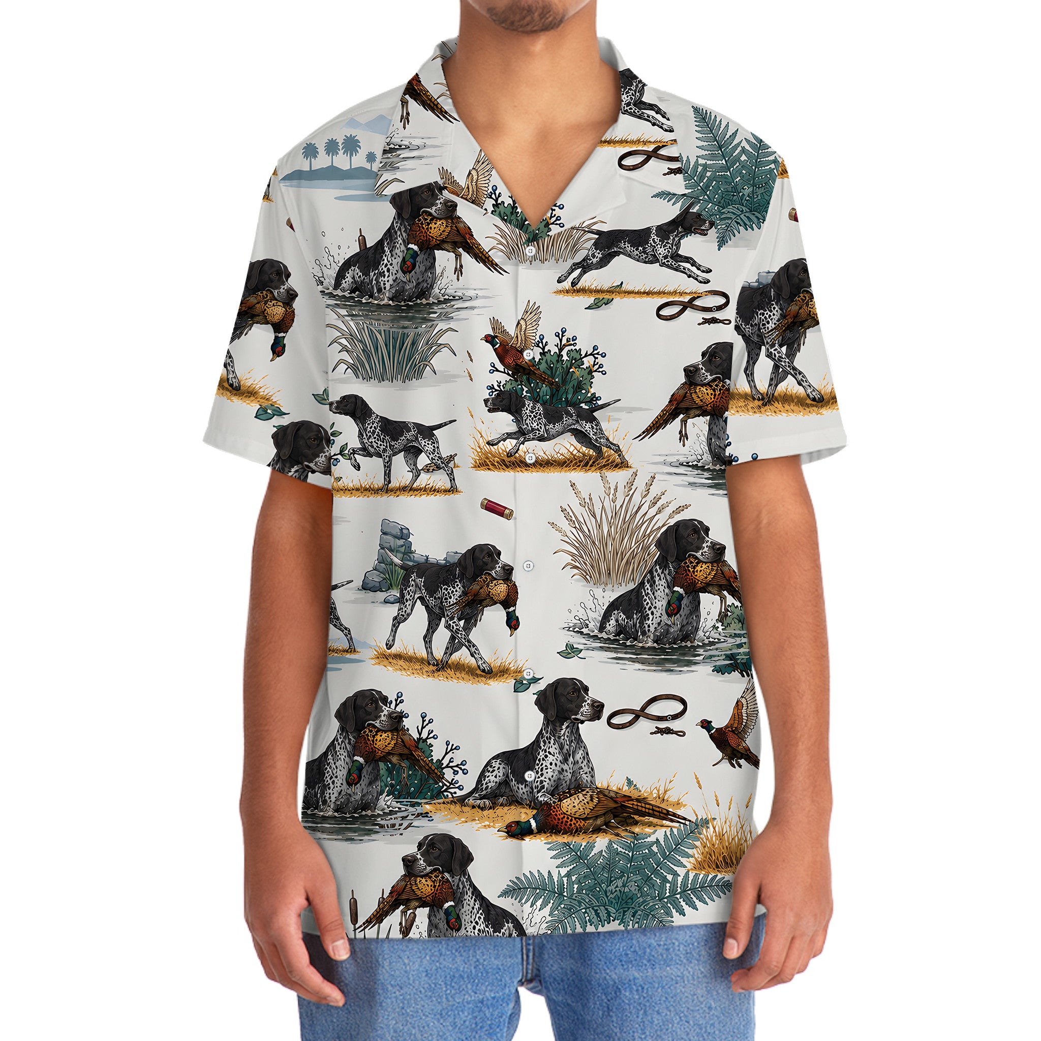 Black & White German Shorthaired Pointer Pheasant Hunting Hawaiian Shirt