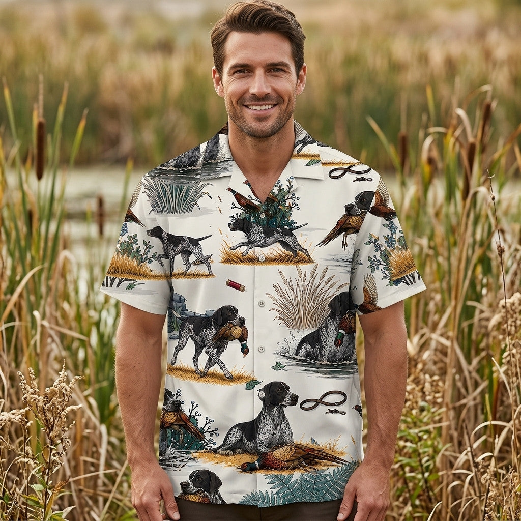 Black & White German Shorthaired Pointer Pheasant Hunting Hawaiian Shirt