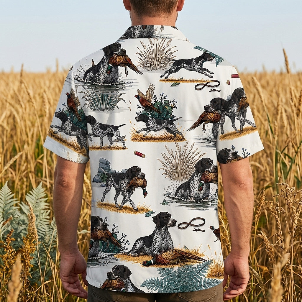 Black & White German Shorthaired Pointer Pheasant Hunting Hawaiian Shirt