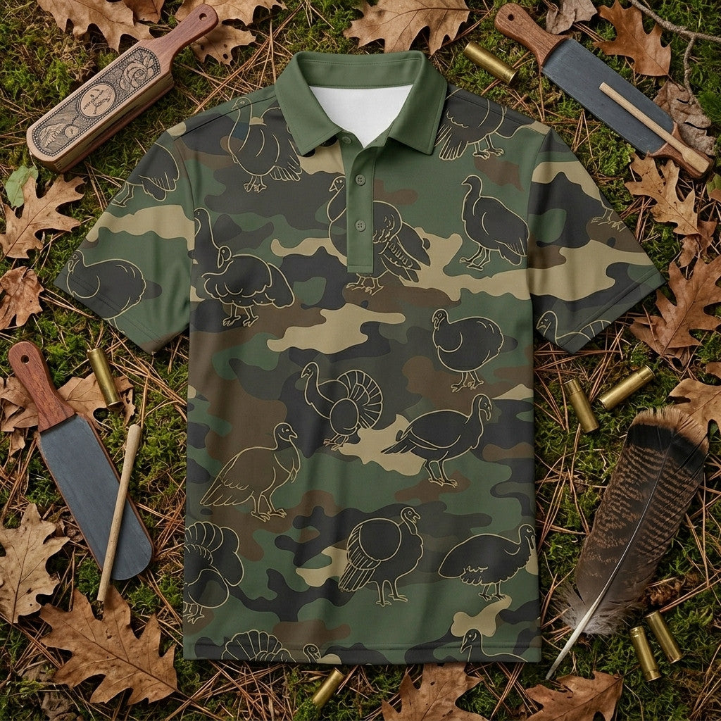 Wild Turkey Hunting Camo Seamless Pattern Men Polo Shirt