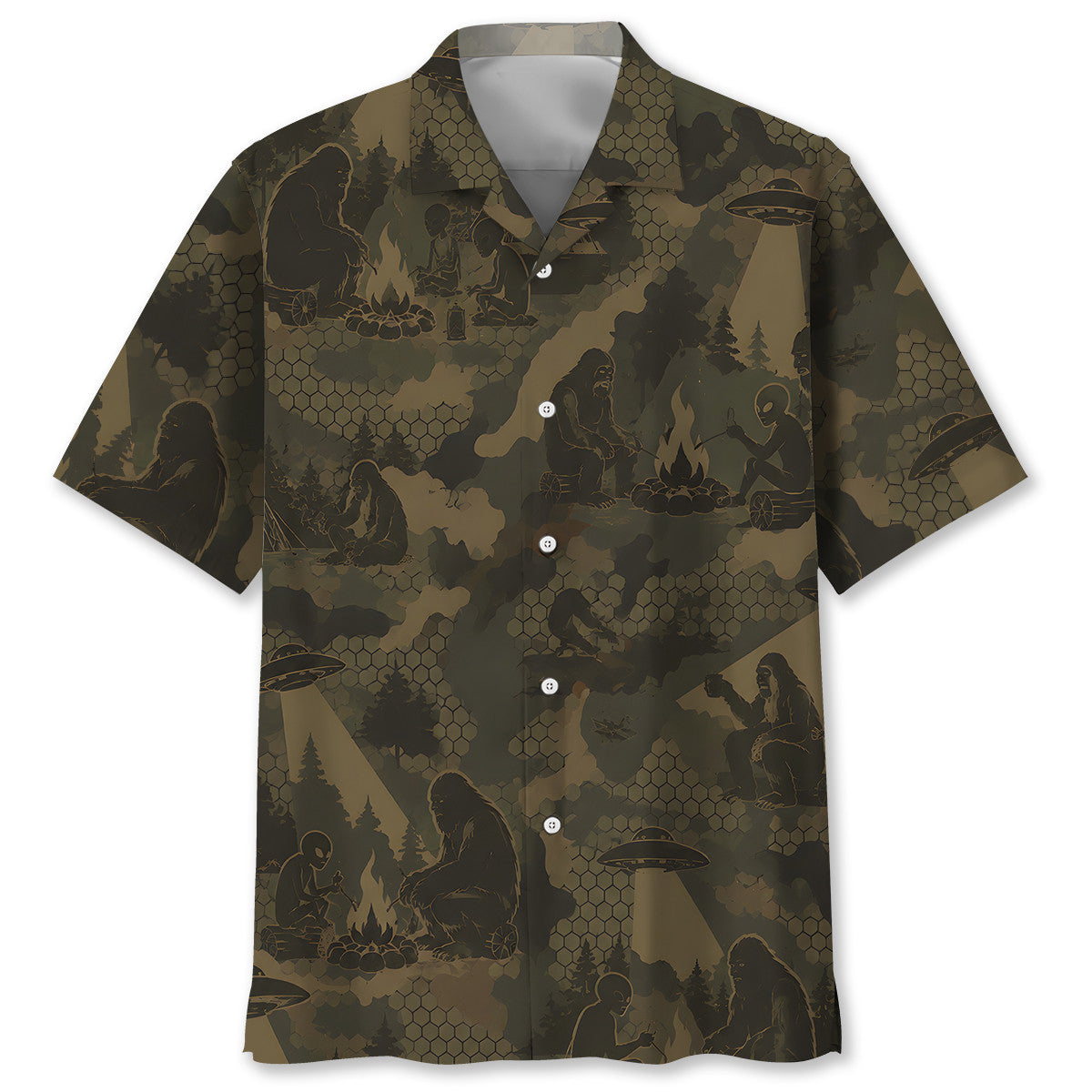 Bigfoot and Alien Camping Camouflage Hawaiian Shirt