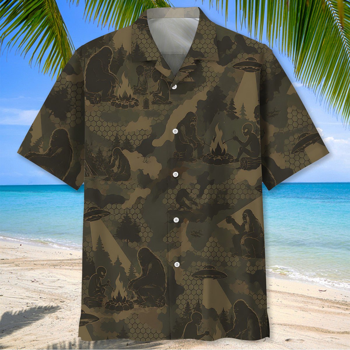 Bigfoot and Alien Camping Camouflage Hawaiian Shirt