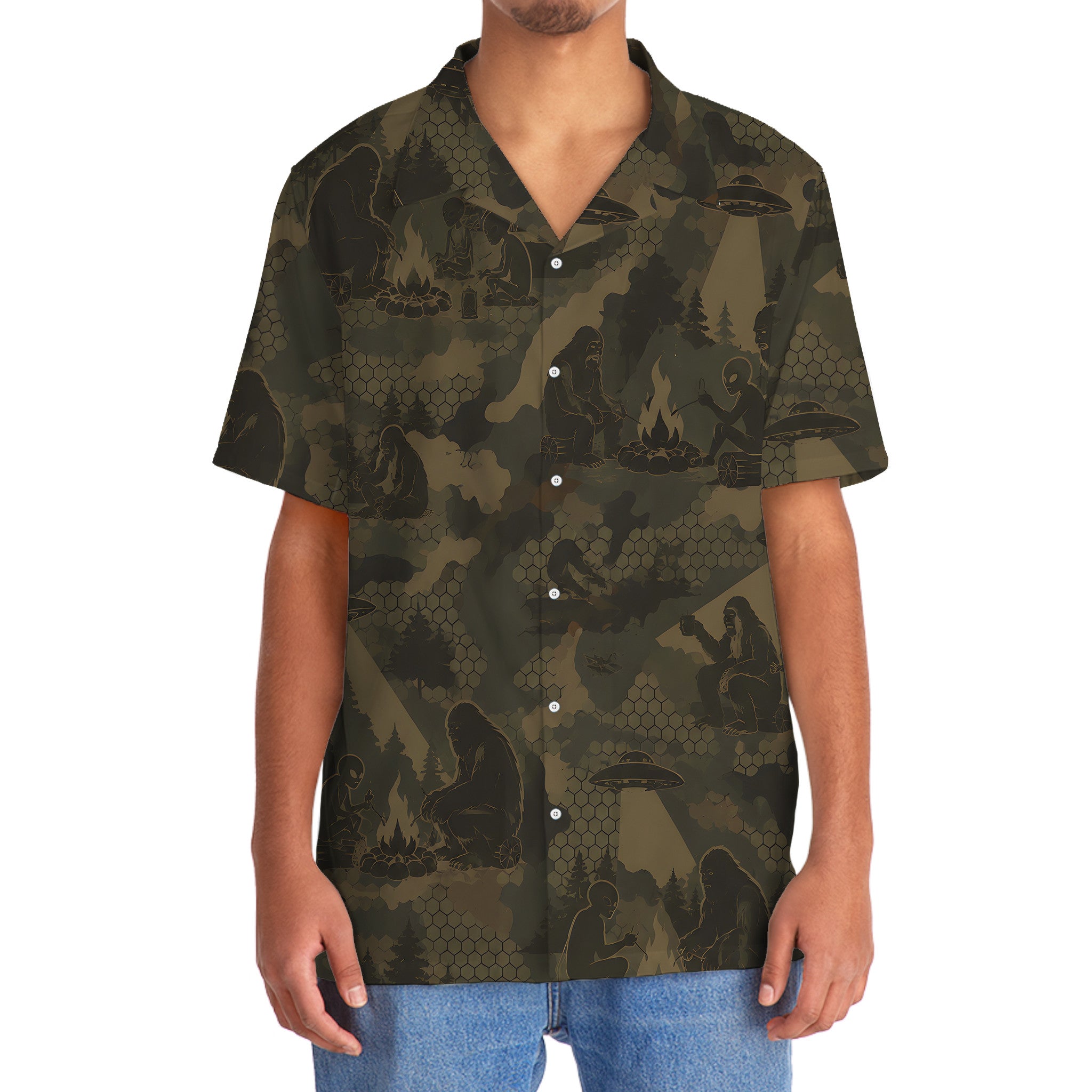 Bigfoot and Alien Camping Camouflage Hawaiian Shirt