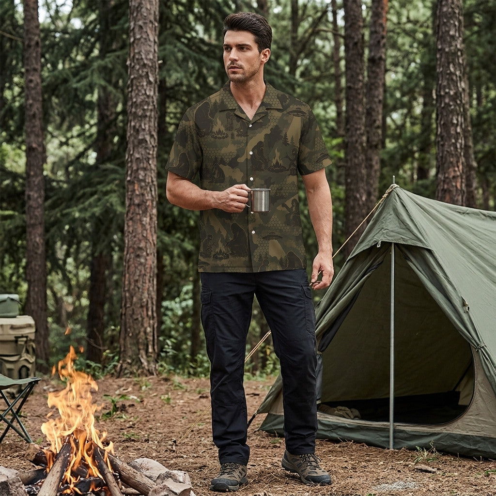 Bigfoot and Alien Camping Camouflage Hawaiian Shirt