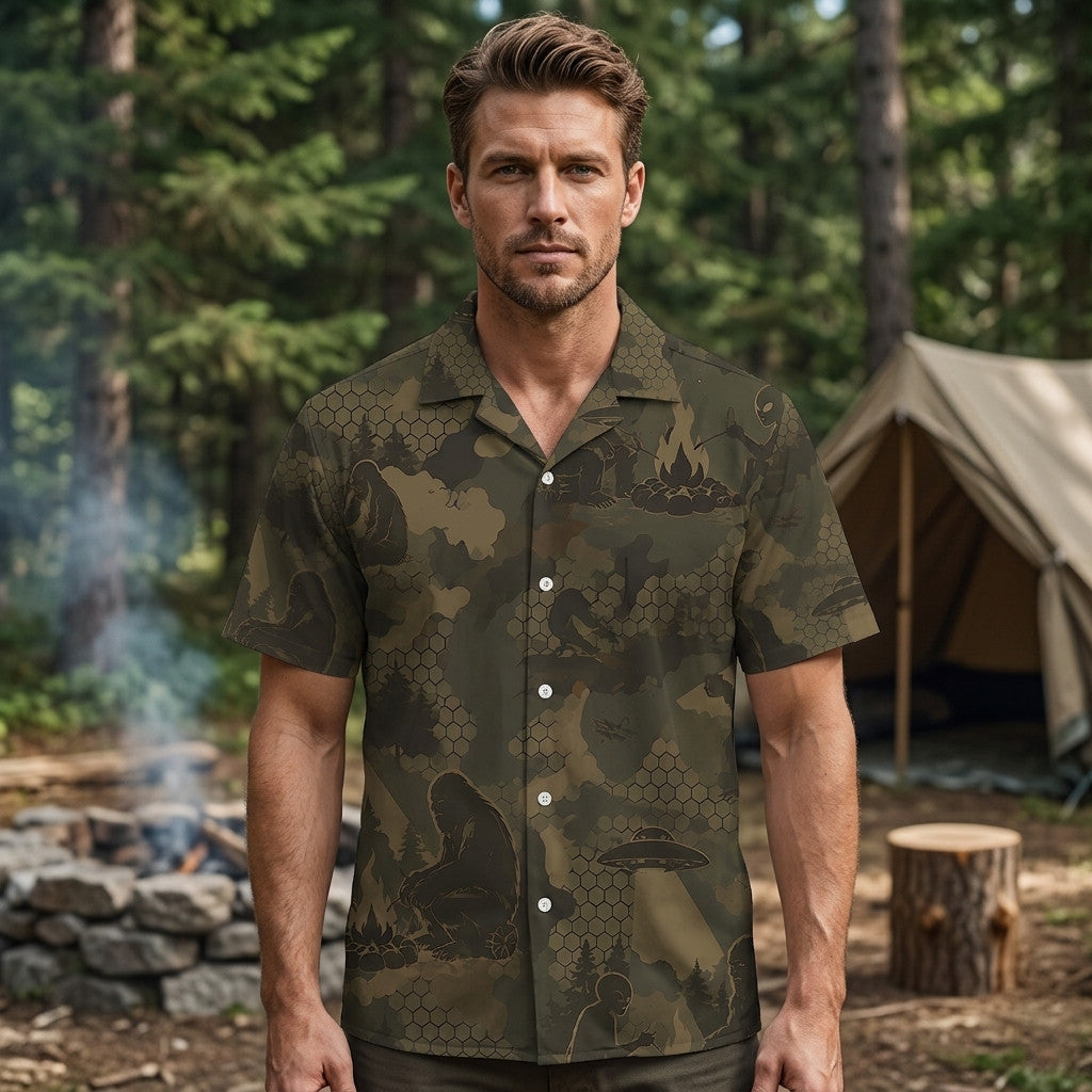 Bigfoot and Alien Camping Camouflage Hawaiian Shirt