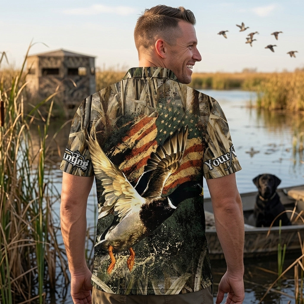 Custom Name America Duck Hunting Men Polo Shirt